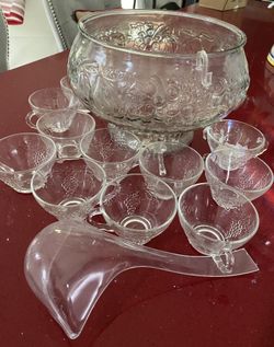 Punch Bowl With Fruit Motifs With Cups, Bowl Hooks And Ladle.