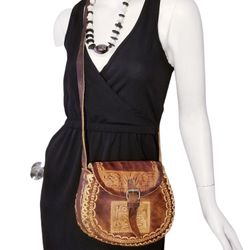 HAND MADE TOOLED WEAVED GENUINE LEATHER SADDLE BROWN PURSE SHOULDER BAG VINTAGE

