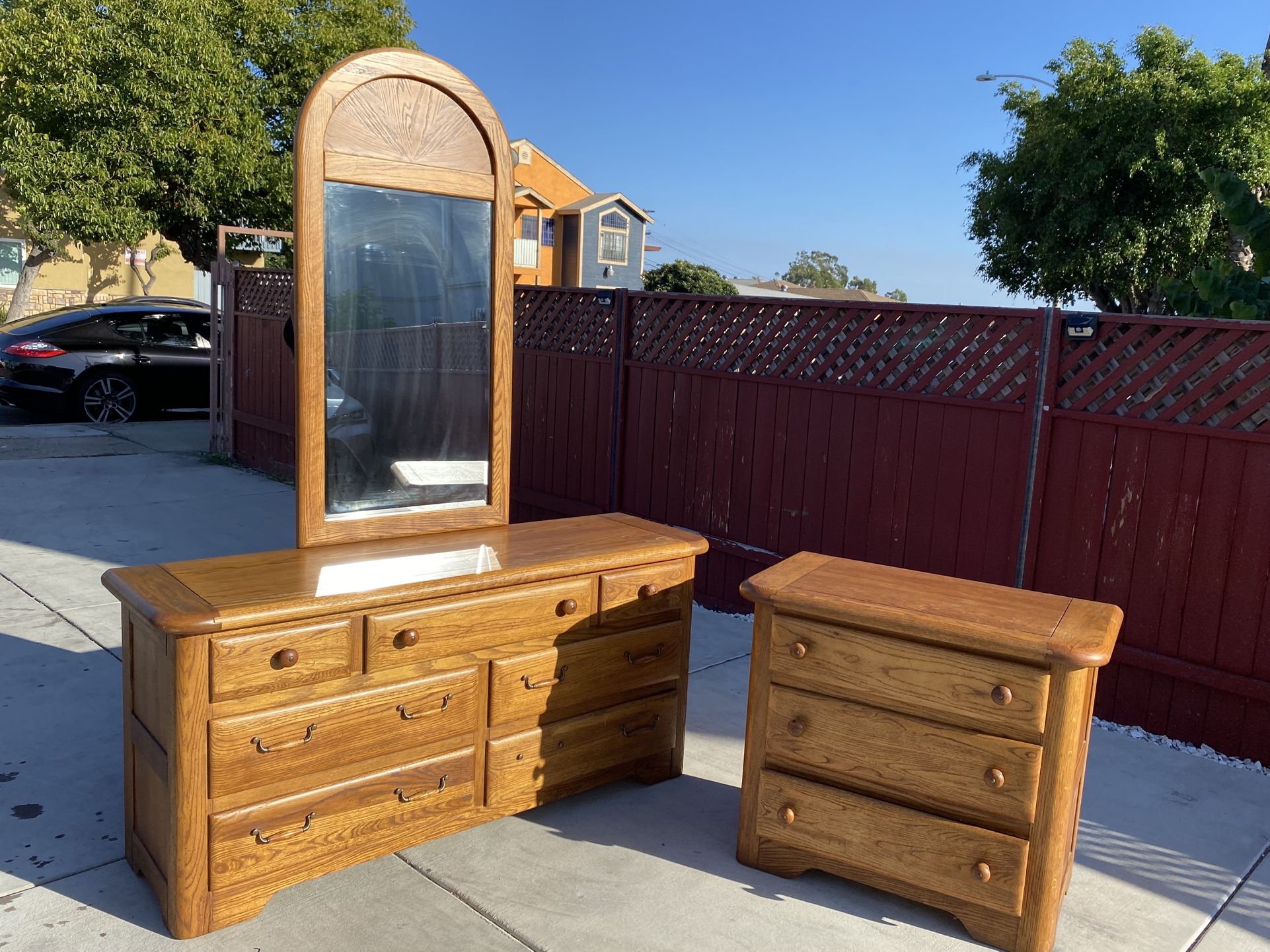 MCM Oak Wood 7 Drawer Large dresser With Mirror And 1 Nightstand