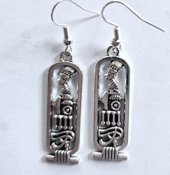 SILVER EMBOSSED EGYPTIAN PHAROH DROP DANGLE ARTISTIC FEEL EARRINGS