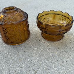 Vintage Amber Pressed Glass Fairy Lamp And Boel