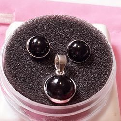 925 Silver Black Onyx Earrings & Pendant