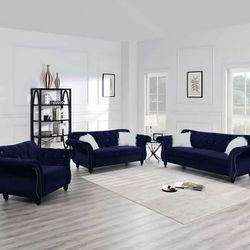 Navy Blue Velvet 3-Piece Chesterfield Sofa Set free delivery