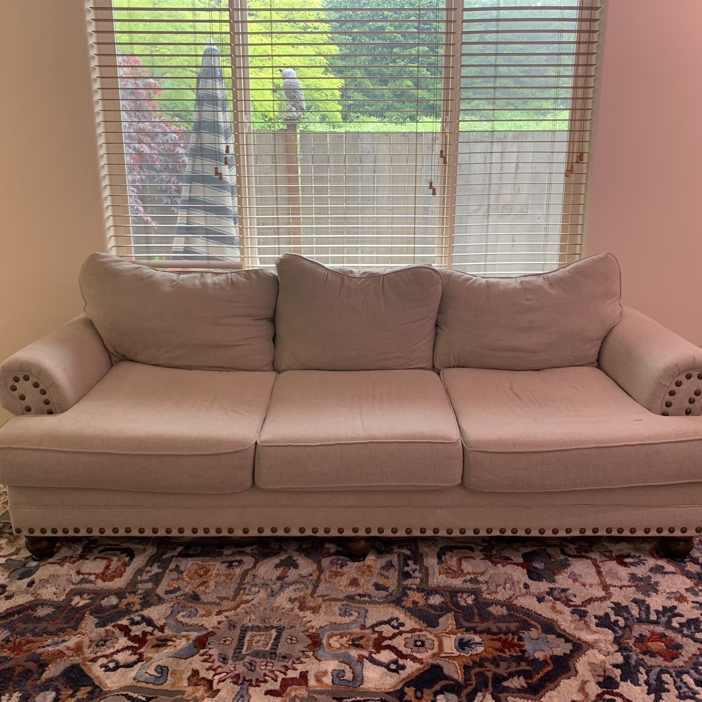 Beige Linen Rolled Arm Sofa With Nailheads