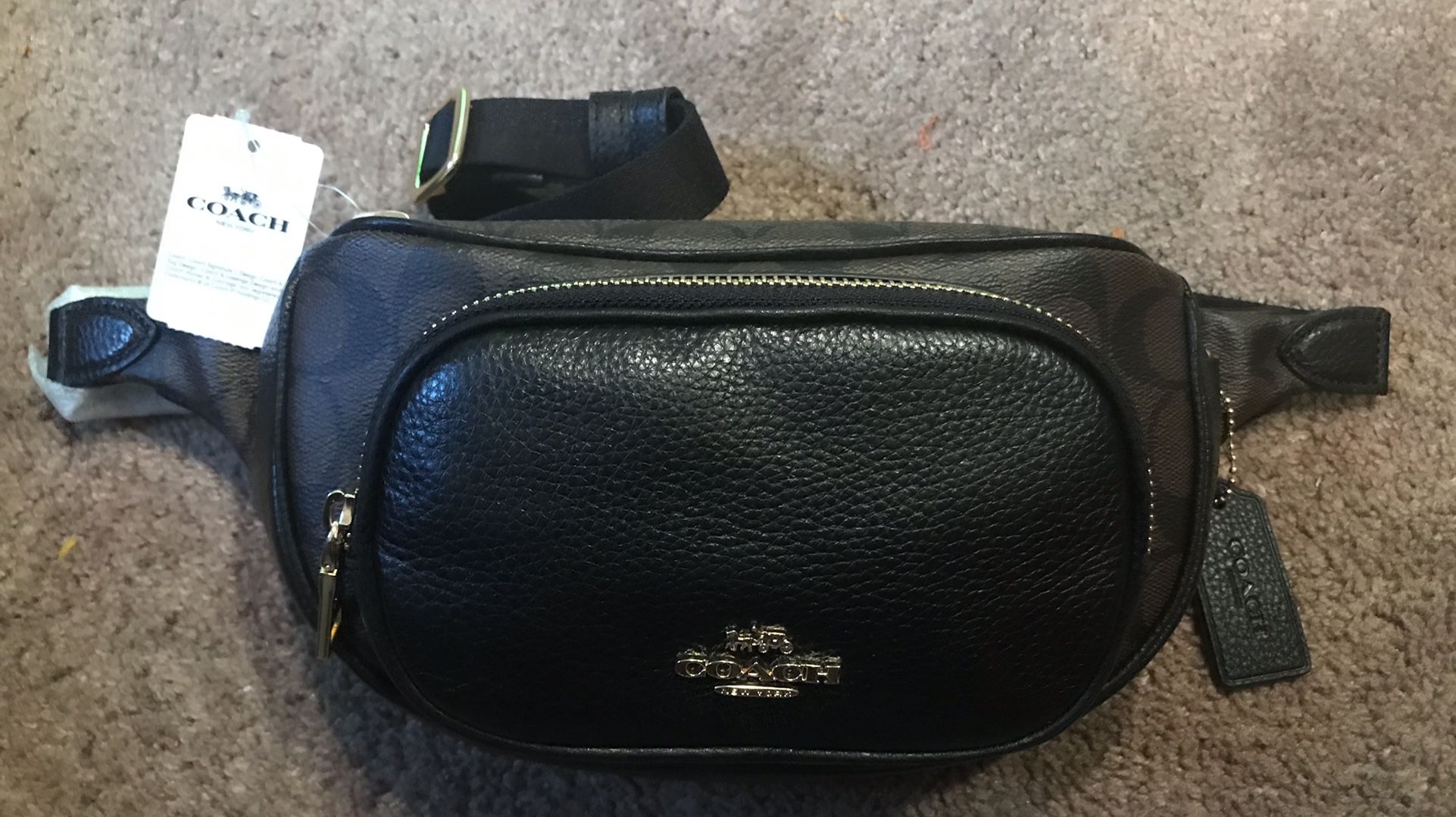 Coach Court Belt Bag Fanny Pack Cross Body In Signature Canvas Black/Brown