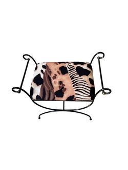 Vintage Iron Vanity Stool / Bench with Animal Print Upholstery