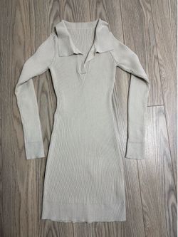 SHEIN Ribbed Knit Polo Sweater Dress Beige XS