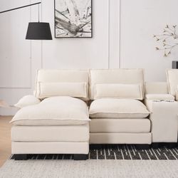 Modern U-shaped Sofa with Console,Cupholders and USB Ports,6-seat Upholstered Symmetrical Indoor Furniture,Sleeper Couch Set with Chaise for Living Ro