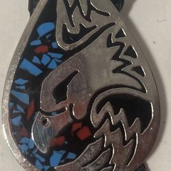 Vintage Bolo Tie Silver And Red And Blue Turquoise Eagle Design