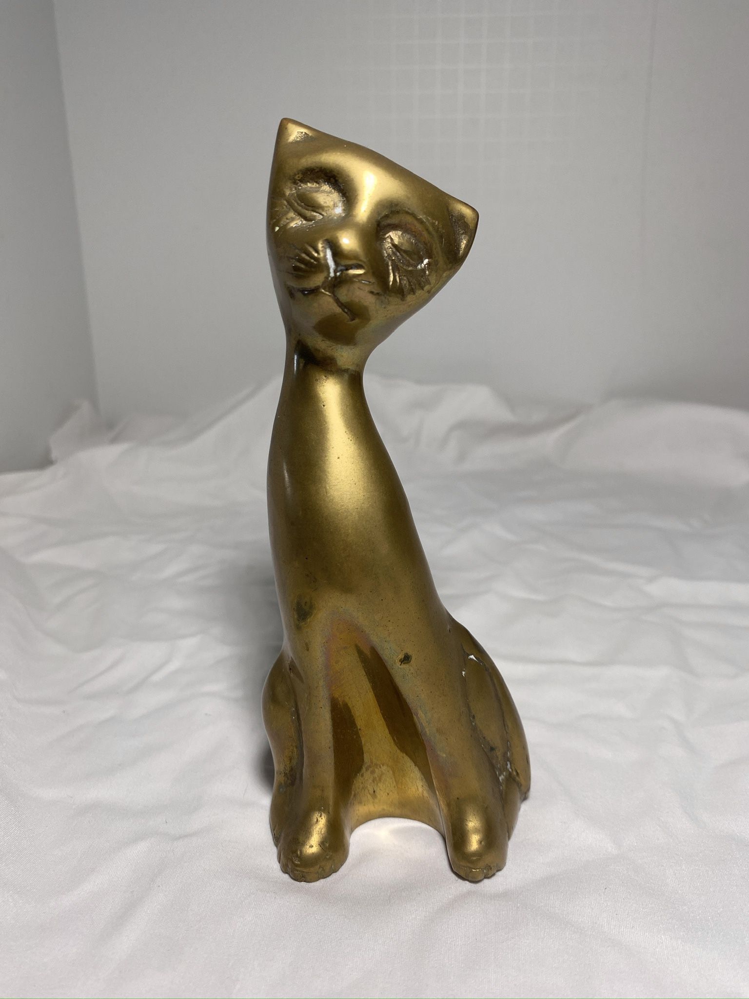 Vintage Mid Century Modern MCM Solid Brass Siamese Cat Figurine Statue 6.25”