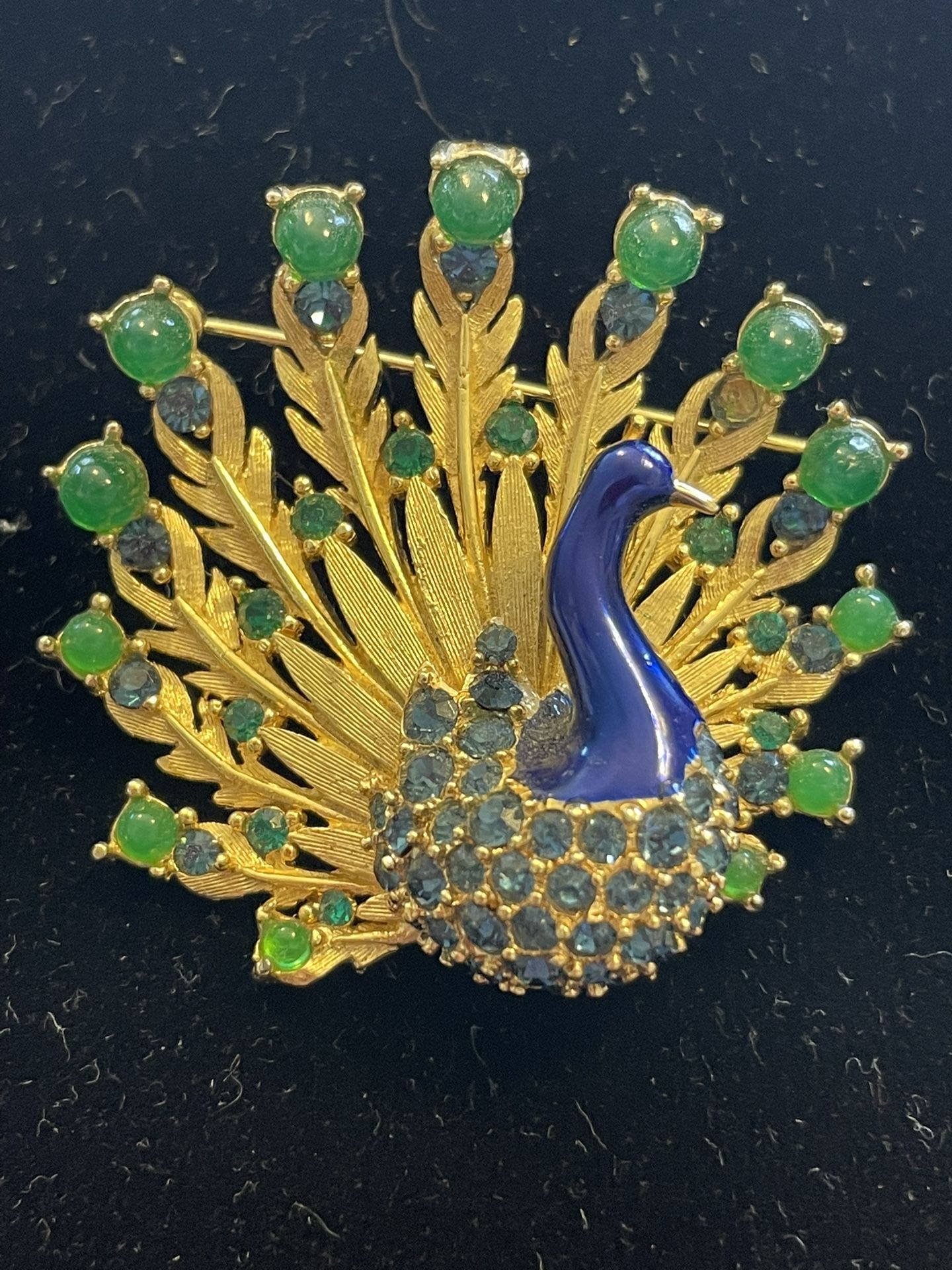 Vintage BOUCHER Green Blue rhinestone PEACOCK Bird enamel Gold tone Pin BROOCH