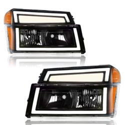 LED DRL Headlights Assembly Compatible with 2004-2012 Chevy Colorado & GMC Canyon / 2007-2008 Isuzu i-series Replacements Amber Reflector Black Housin