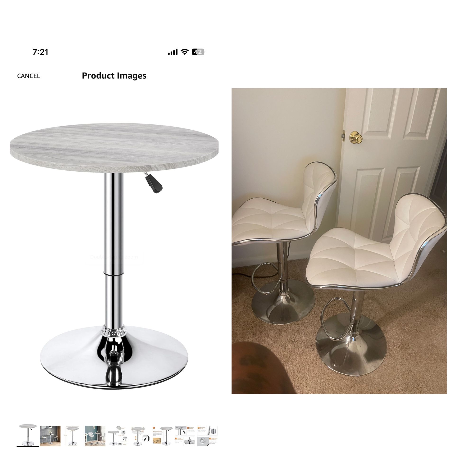 2 white stools with table
