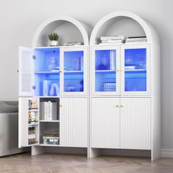 Set of 2，Tall Arched Kitchen Pantry Cabinet, 69'' Fluted Storage Cabinet with Led Light and Glass Door,Versatile Cupboard with Adjustable Shel