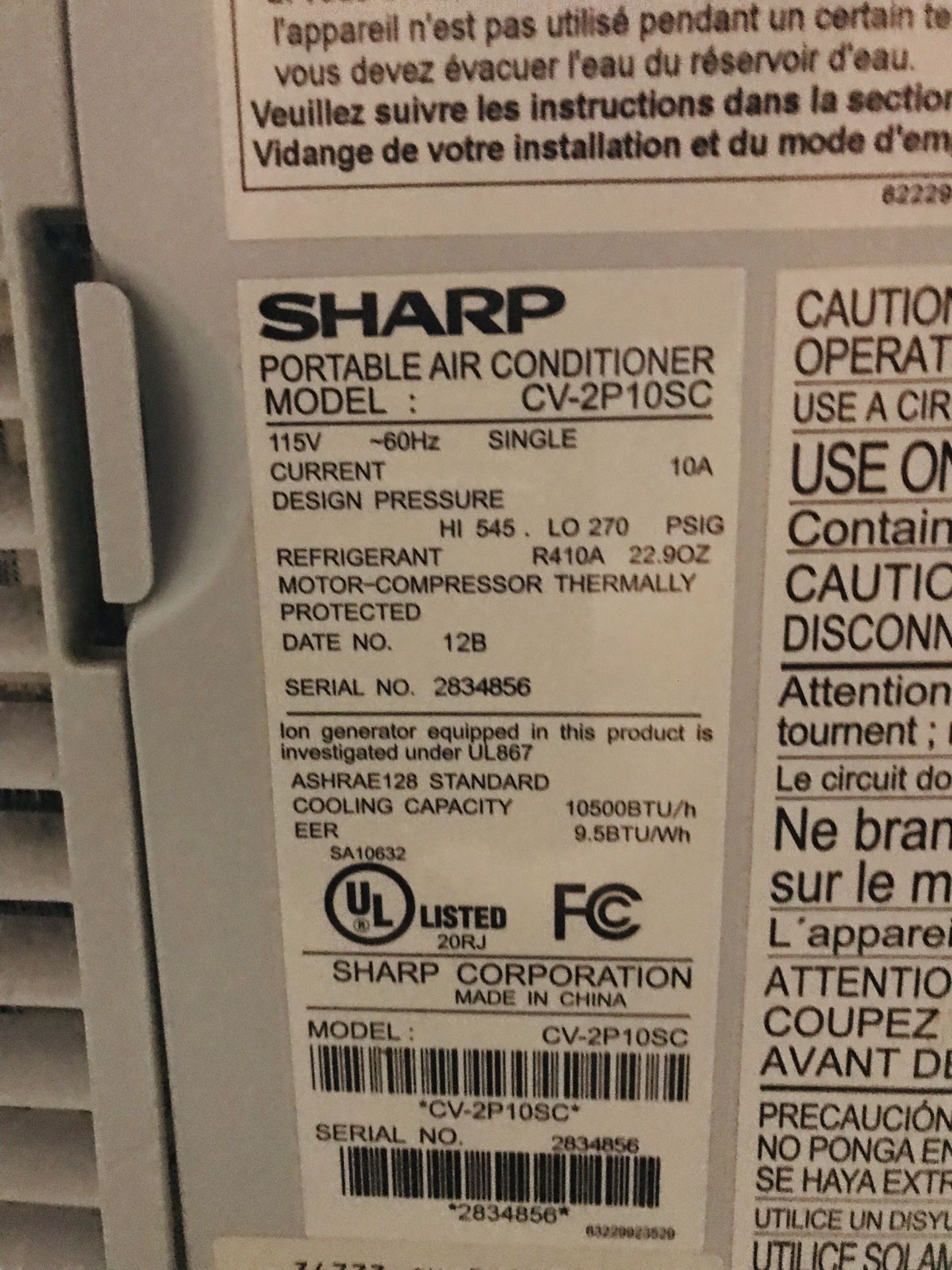 Sharp Portable Air Conditioner. Ion Conditioner. Model CV2P10SC. 10500