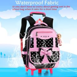Rolling Backpack for Girls Trolley School Bags Cute Bowknot Girls Backpack with Wheels Carry-on Travel Luggage with Handbag Toddler Elementary Princes