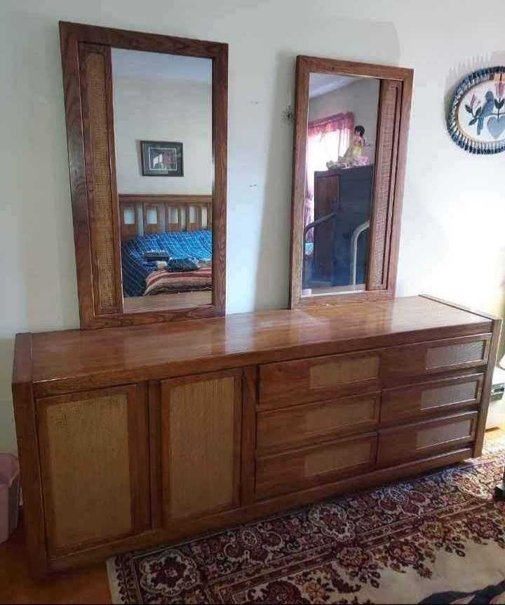 Complete Rattan Bedroom with Full Sized Bedframe Long Dresser Wardrobe and End Table