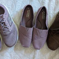 Women's size 9 bobs brown boots $30 ,lilac shoes $25  and new balance sneakers $25 or all for $70 like new 