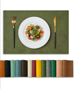 Artoid Mode Olive Green Faux Leather Placemats Set of 8, 12x18 Inch Waterproof Wipeable Heat Resistant Vinyl Place Mats, Reversible Table Mats for Kit