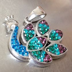 SWAROVSKI CRYSTALS IN ITALIAN MADE STERLING SILVER PEACOCK & 23" FINE ITALLIAN 925 NECKLACE 