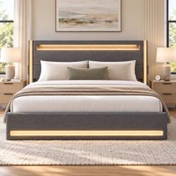 Dark Gray Fabric King Size Bed Frame with LED Lights and Charging Station