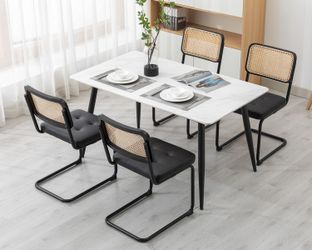 Set of 4 -  Cane / Rattan Back Matte Black Metal Framed / Dining Chairs w/ Black PU Leather Cushions [NEW] **Retails for $300 <Assembly Req'd>   