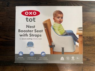 OXO Tot Nest Booster Seat w/ Straps, 3-Point Harness, Non-Slip Base Blue Chair Baby Toddler