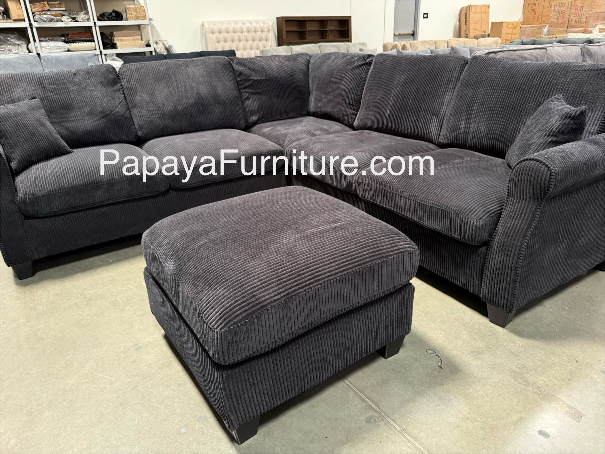 New! Black Sectional Sofa And Ottoman, Black Couch, Black Corduroy Sectional. L-Shaped Sofa, Couch, Sectionals, Black Sofa, Black Sectional,Plush Sofa
