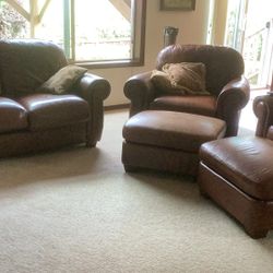 Leather Loveseat, Matching Chairs And Footstools