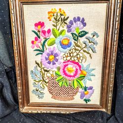 Vtg. Pot Of Flowers Embroidery Art