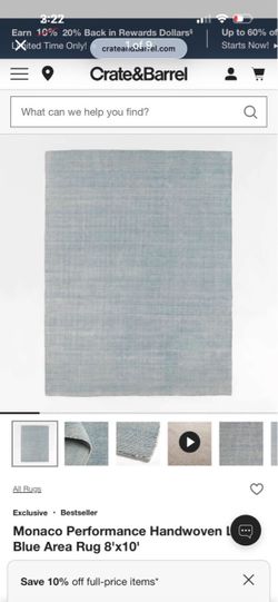 Crate and Barrel Monaco Performance Handwoven Light Blue Area Rug 8'x10' $2199 in stores