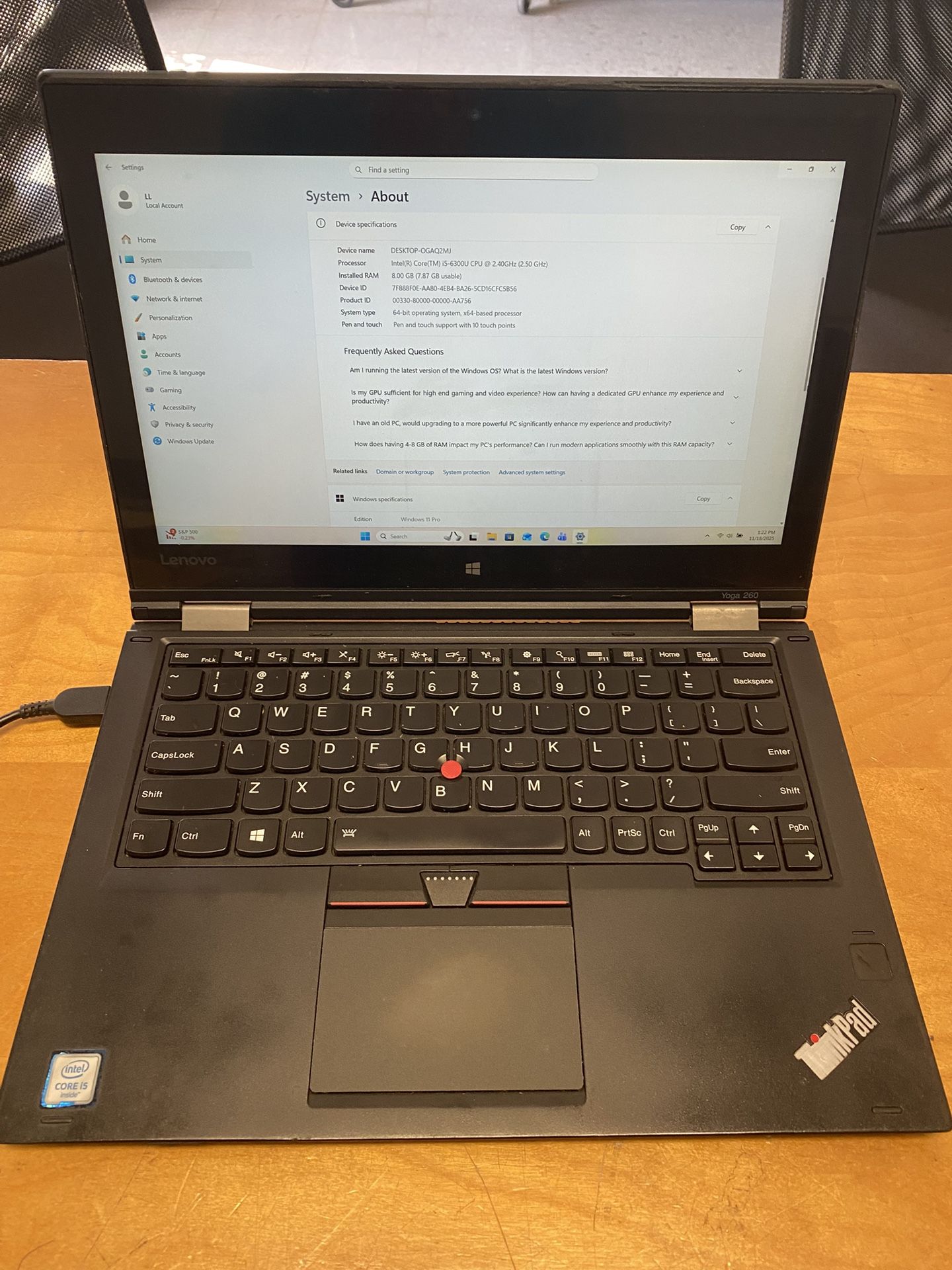 Lenovo Thinkpad Yoga260 2in 1 12.5” I5-6200u 8gb 128gb Ssd Win11 Charger Warranty