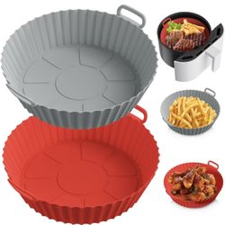 BRAND NEW IN BOX 5 piece set - 2 Pack Round Foldable Silicone Air Fryer Oven Liner 8.5inch Reusable Air Fryer Silicone Basket for 5 Qt or more (Red+Gr