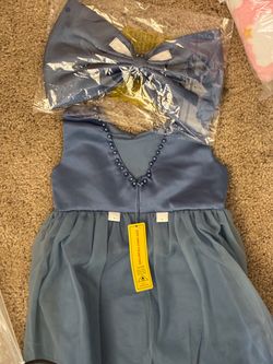 Girls Blue Satin Dress with Bow and Pearls