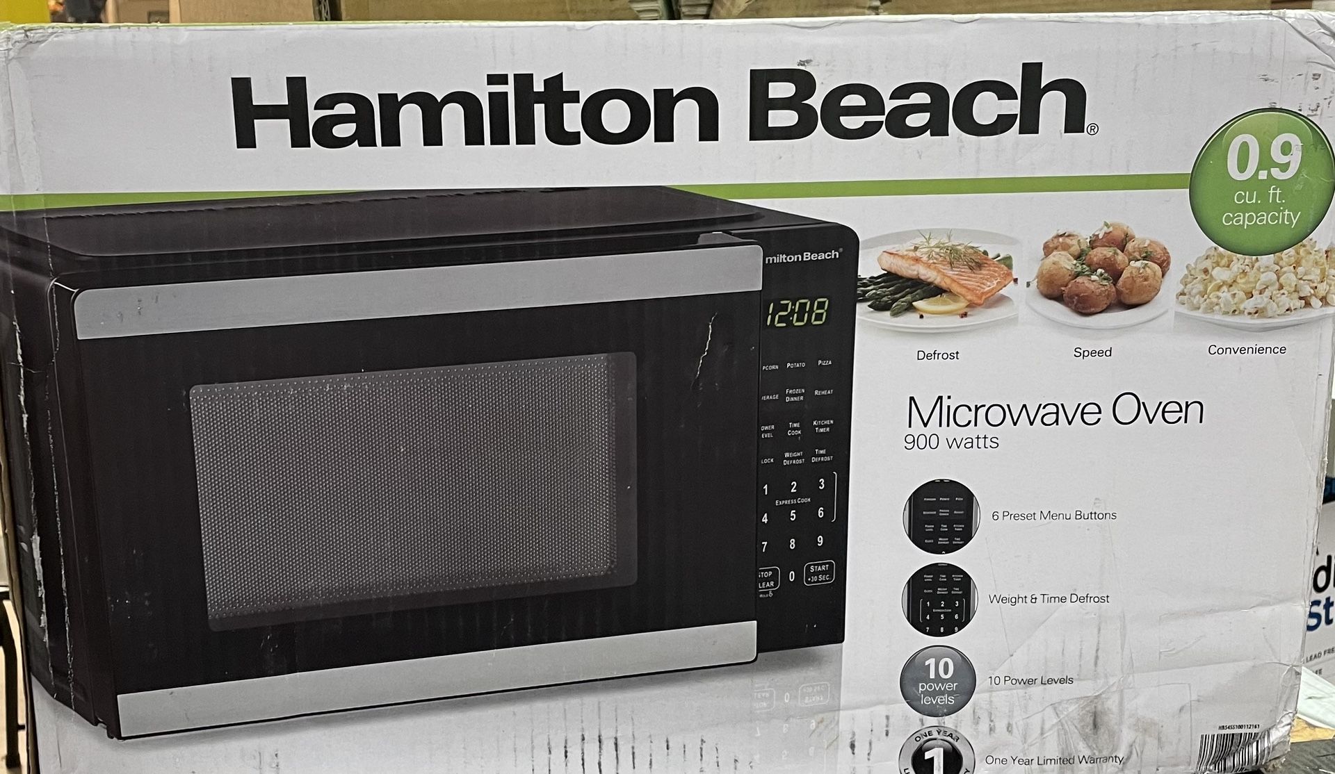 Hamilton Beach 0.9 Cu ft Countertop Microwave Oven, 900 Watts, Stainless Steel, New