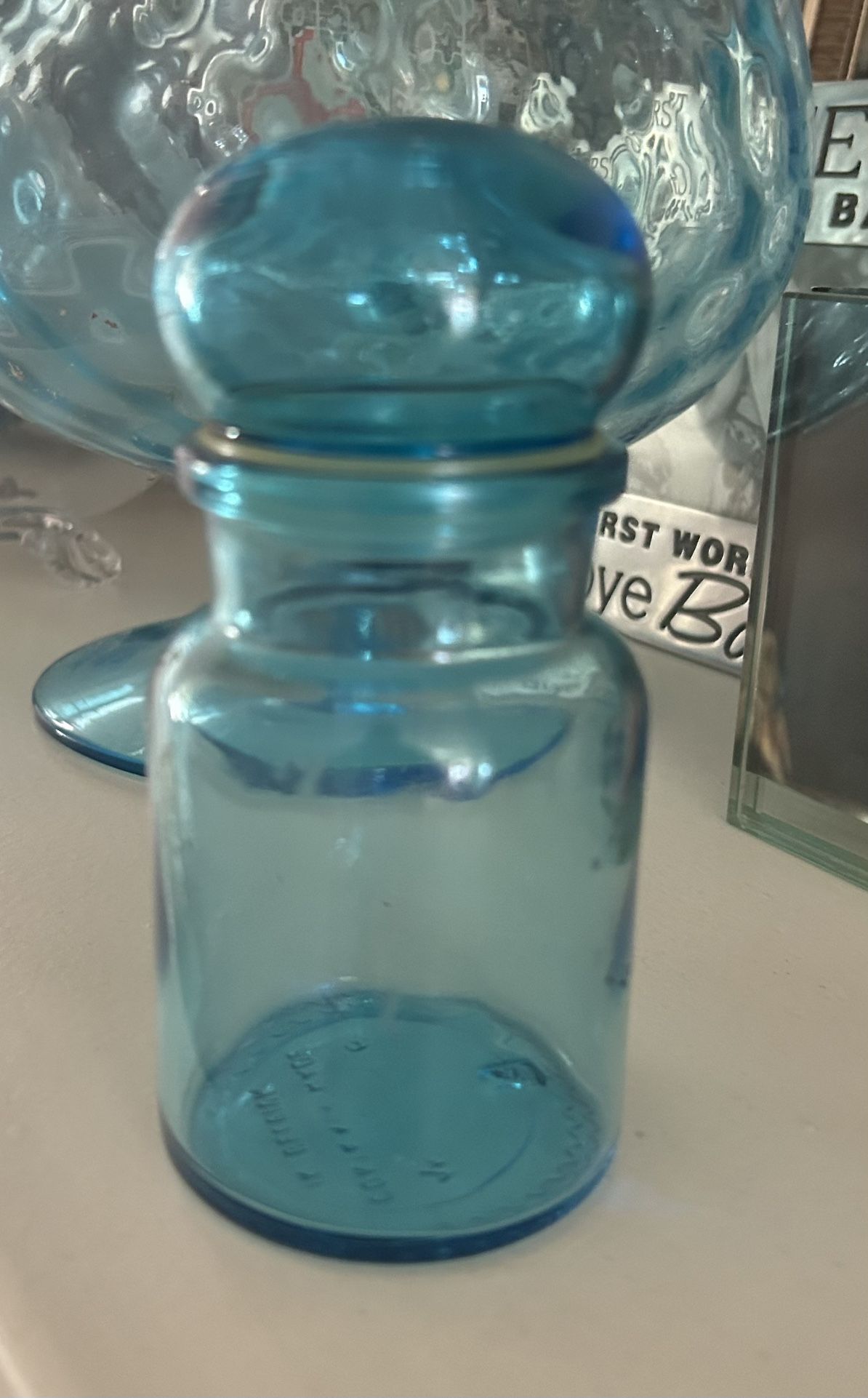 Vintage MCM Blue Belgium Bubble Glass Apothecary Canister Jar Air Tight