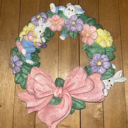 Vtg York 1995 Easter Bunny Flowers Resin Wreath  Pastel Colors 3D