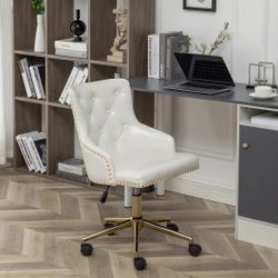 White PU Leather Golden Base Home Office Chair Adjustable Tufted Leisure Gold Nail Trim Upholstery Bedroom Study Desk Task Chair Accent Armchair Tilt