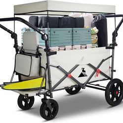 Topwell Folding Cart with Canopy – Folding Utility Cart with 2 Seats and Seatbelts, Adjustable Handle, Expandable Front for Camping, Picnic, Shopping 