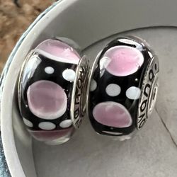 2 Charms For Pandora Black And Pink Murano 925 Sterling Silver Cores 