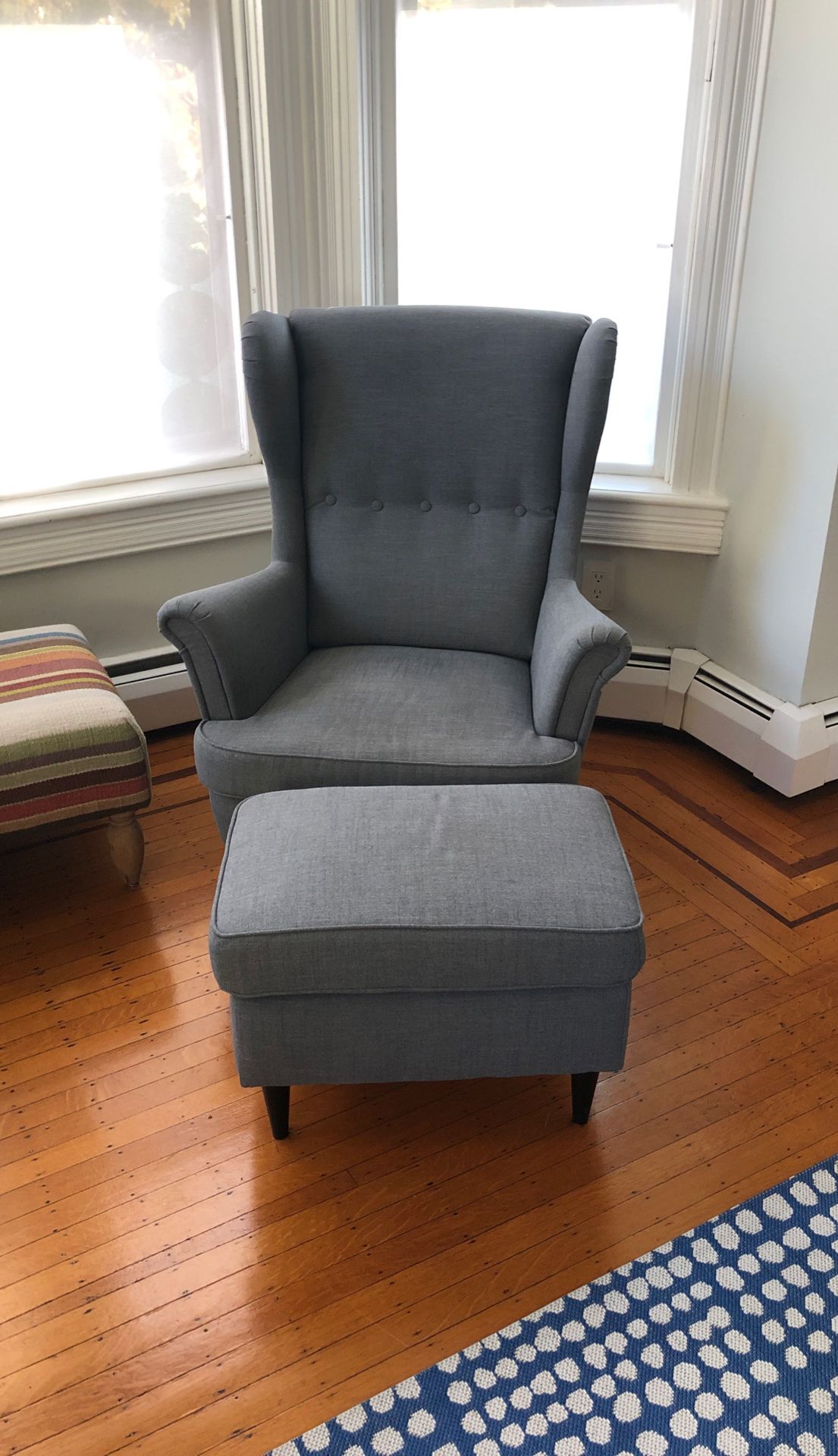 IKEA wing back chairs (2) with foot stool.