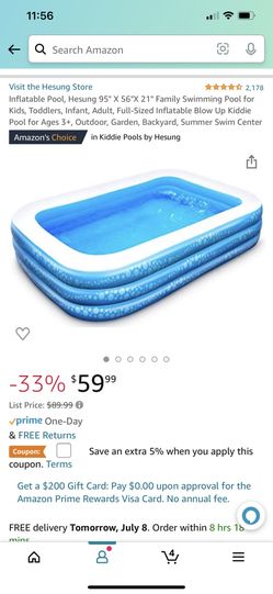 Inflatable Pool, Hesung 95" X 56"X 21" Family Swimming Pool for Kids, Toddlers, Infant, Adult, Full-Sized