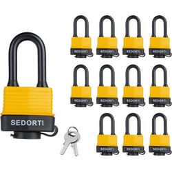 12 Colored Waterproof Padlocks, Red-Covered Laminated Steel Lock, Same Color with Same Key, Yellow