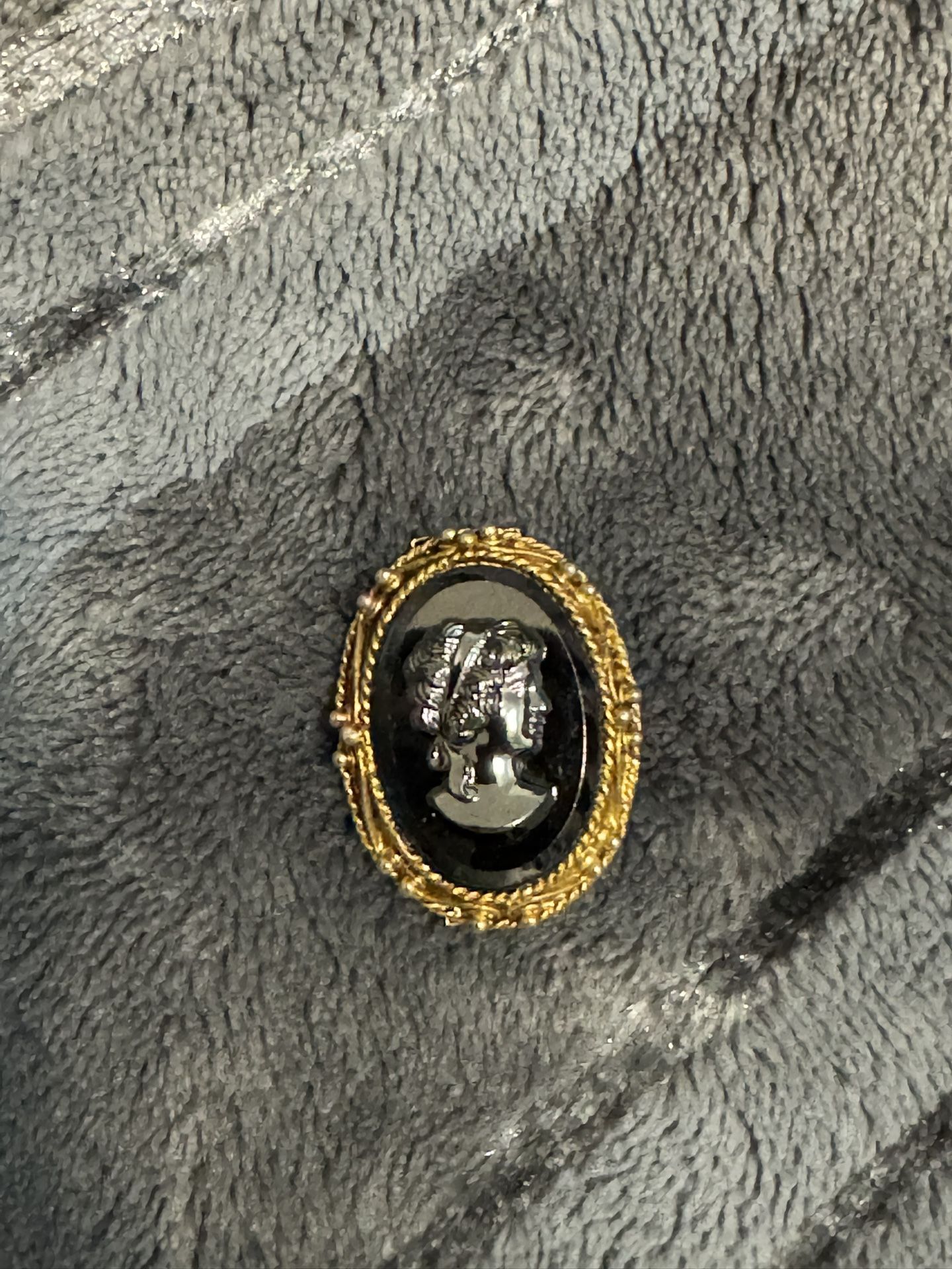 Vintage Black Hematite Glass Cameo Brooch in Gold Tone Frame