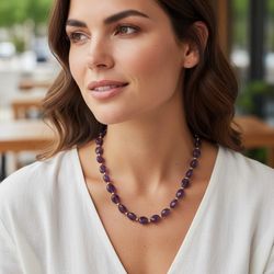 Stauer Lusso 18"-20" Polished Purple Amethyst Stone Gold-toned Beaded Necklace. Very Good Condition. The featured item is the Lusso Amethyst Necklace 