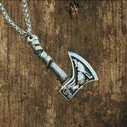 Mens Norse Viking Wolf Raven Axe Pendant Necklace