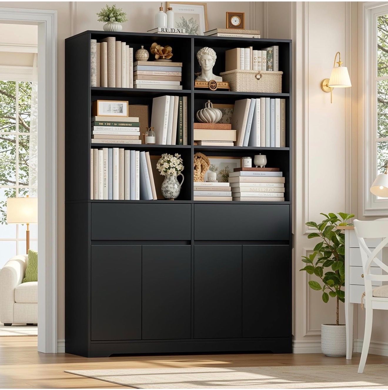 Black Storage Bookcase Cabinet with Drawers and Doors – 69 Inch Tall