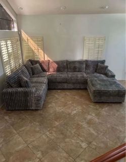 (CUSTOMIZABLE) Large Two Tone Corduroy Sectional Sofa with Chaise