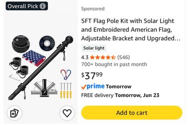 5FT Flag Pole Kit with Solar Light and Embroidered American Flag