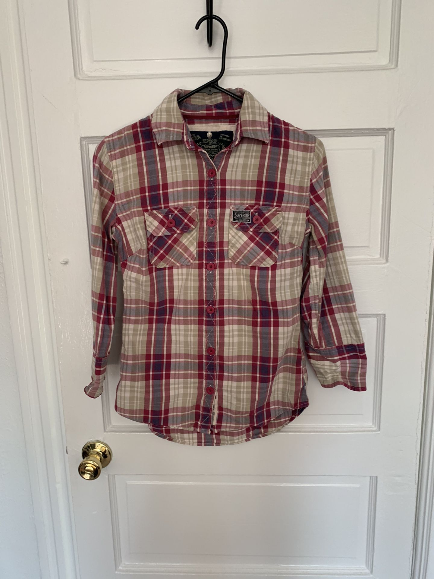 Superdry Pink & White Plaid Quarter Sleeve (M)